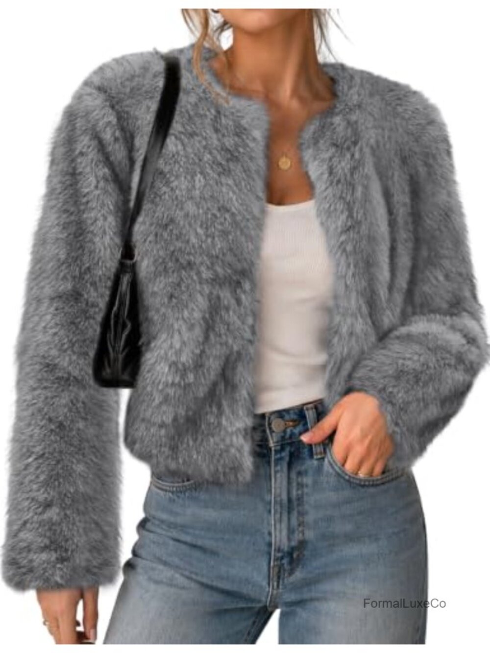 Women's Cropped Faux Fur Coat Open Front Cardigan Long Sleeve